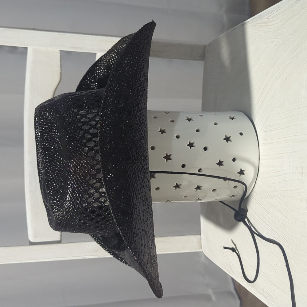 Custom Upcycled Black Lacquered Rosette Straw Cowboy Hat Mexico 22" - Picture 5 of 7